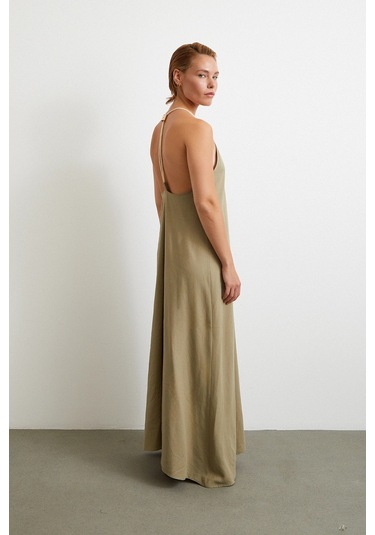 İp Askılı Keten Elbise Haki Haki