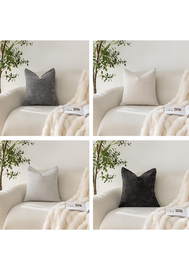 Youmex 4'lü Chenille Kumaş Yastık Kılıfı - 45x45 Cm, Bej/gri/siyah Tonları, Konforlu Dokulu, Dekoratif, Ev Dekorasyonu İçin Koltuk, Yatak, Oturma Odası Krem - Gümüş Gri - Koyu Gri - Siyah