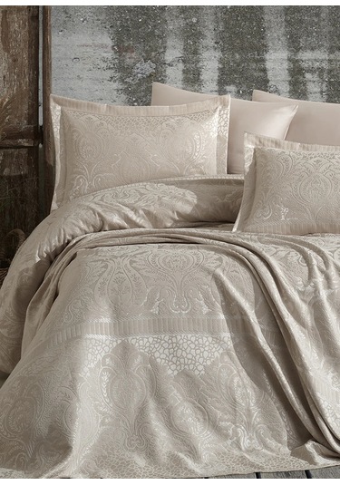 Dantela Hazel Şönilli Jakarlı Yatak Örtüsü - Bej Bej