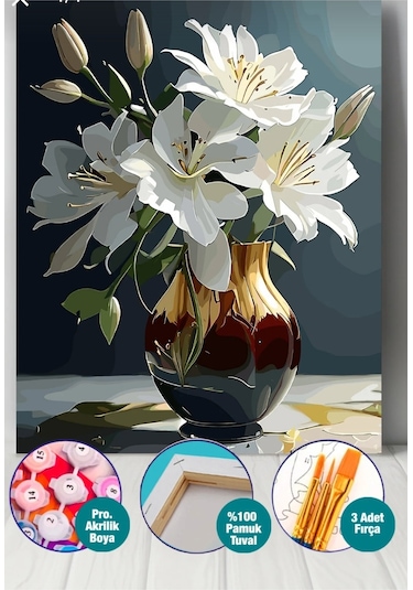 Denic Sayılarla Boyama Seti 40x50 Cm (Çıtalı) Fırça Boya Dahil Numaralı Tuval Çini Vazo Beyaz Sümbül