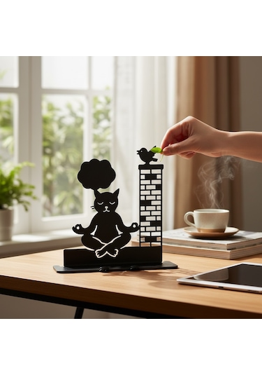 Meditasyon Yapan Kedi Ve Kuş Tasarımlı Dekoratif Metal Telefon Standı