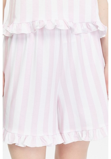Bella Dossi Askılı Rahat Pamuklu Çizgili Kumaştan Fırfır Detaylı Şortlu Kadın Pijama Takımı Pembe/beyaz Pembe