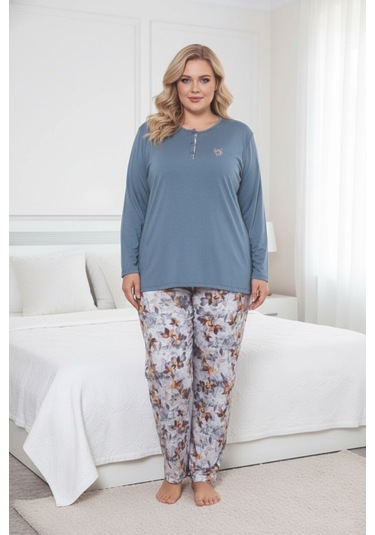 Kadın Çiçek Desen 3 Düğme Likralı Viskon Mevsimlik Büyük Beden Uzun Kol Pijama Takımı İndigo