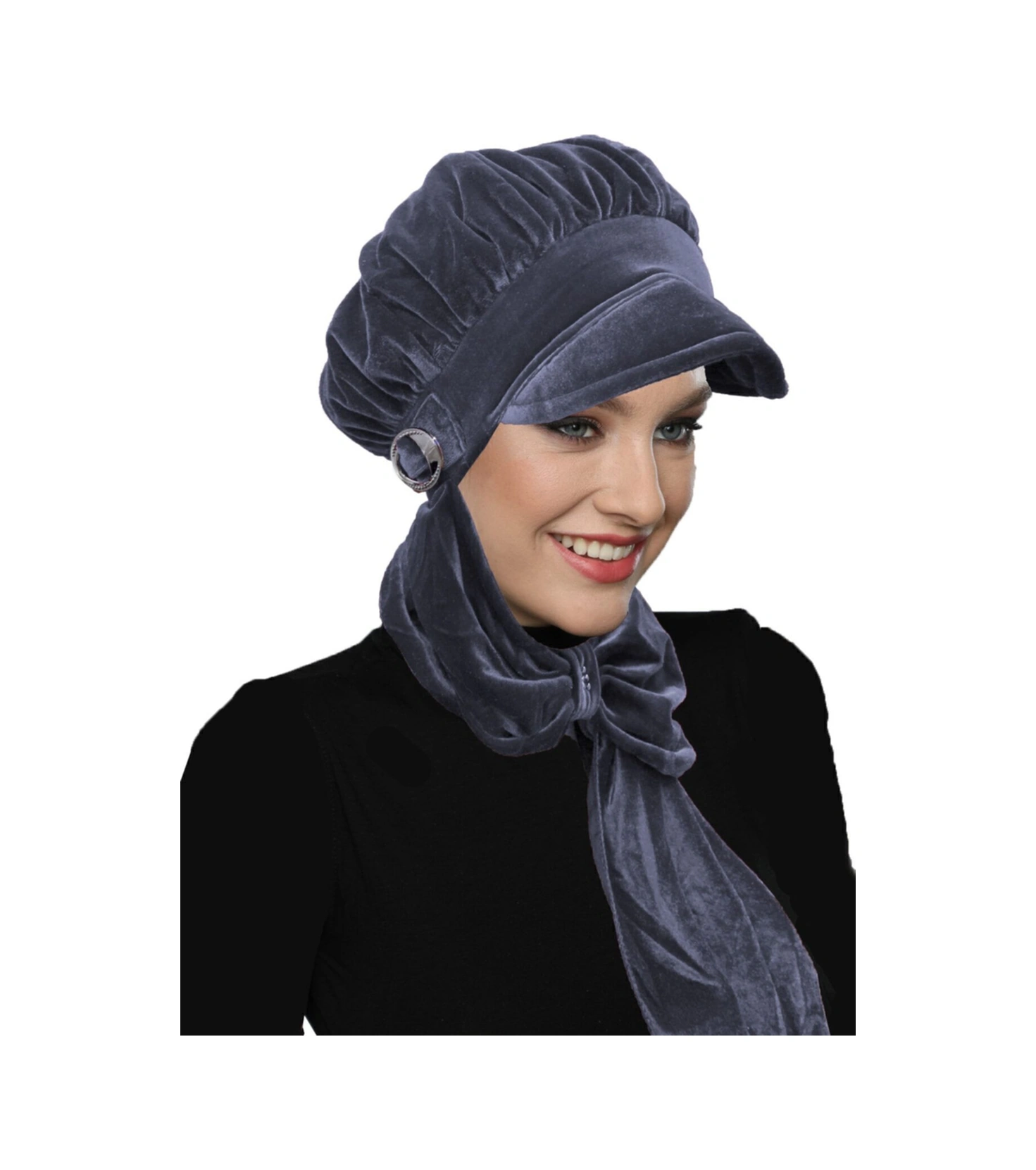 Kadife Şapka Atkılı Toka Detaylı Füme Hazır Türban Tesettür Bone Füme