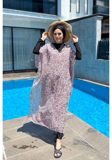 Remsa Mayo Üzerine Kaftan Pareo 430-217 Leopar Bordo Bordo