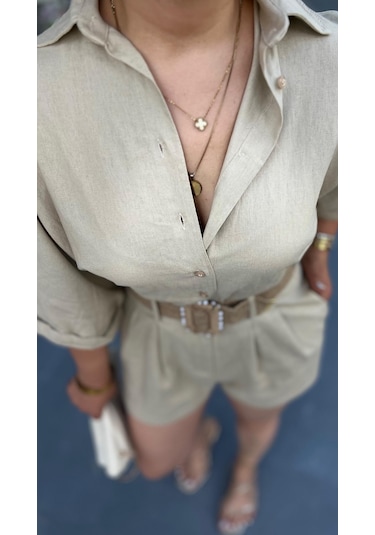 Taş Keten Kendinden Kemerli Gömlek-şort Takım Taş