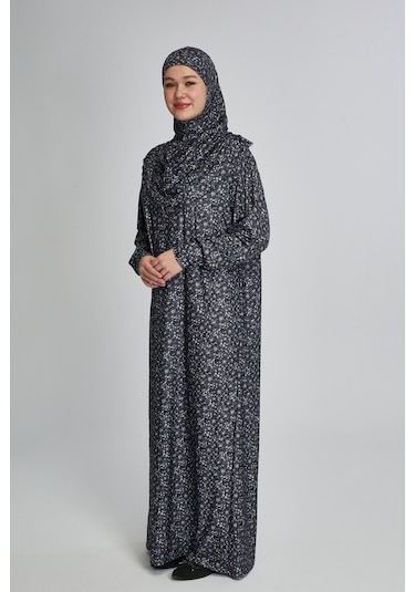 Pratik Tek Parça Çiçek Desenli Namaz Elbisesi Siyah