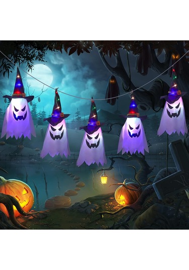 Cadılar Bayramı Dış Mekan Süslemeleri, Işıklı Asılı Hayalet Cadı Şapkası, Korkunç Cadılar Bayramı Ahşap Süslemeleri Çok Renkli