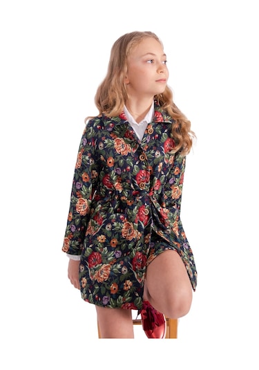 Jakarlı Çiçek Desenli Kız Çocuk Kaban 001