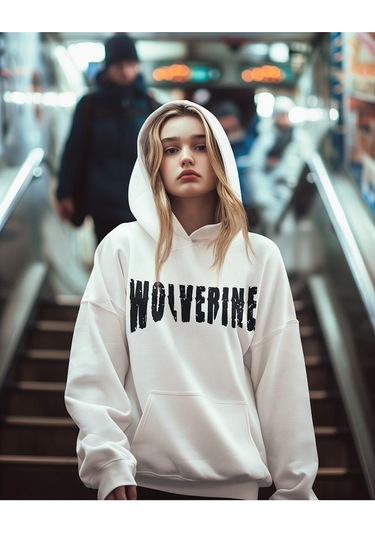 Sevbano Wolverine Karakter Baskılı Unisex Oversize Hoodie Beyaz