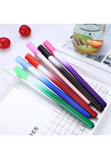 8'li Set Paslanmaz Çelik Metal Pipet, Renkli Ve Yeniden Kullanılabilir Mavi