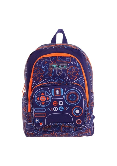 Kaukko Kids Üç Bölmeli Lacivert Turuncu - Oyun Desenli Erkek Çocuk Okul Ve Günlük Sırt Çantası - L5281 Lacivert - Turuncu