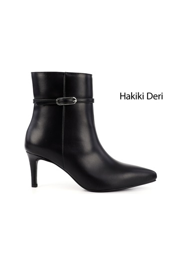 Gönderi R Siyah Fermuarlı İnce Topuklu Hakiki Deri Bot Siyah