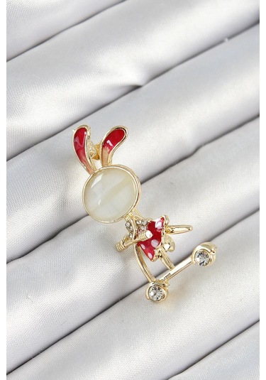 Zirkon Taş Detaylı Kırmızı 3d Scooter Süren Tavşan Kız Figürlü Gold Renk Kadın Broş Çok Renkli