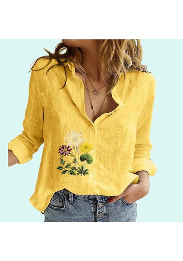 Kadın Modası Çiçek Baskılı Gömlek Kadın Modası İlkbahar&sonbahar Uzun Kollu Üst Bayan Keten Uzun Kollu Bluzlar Sari
