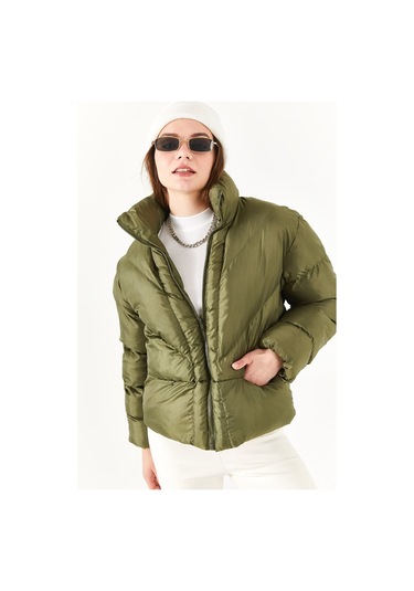 Alisse-kadın Haki Dik Yaka Kısa Şişme Mont Haki