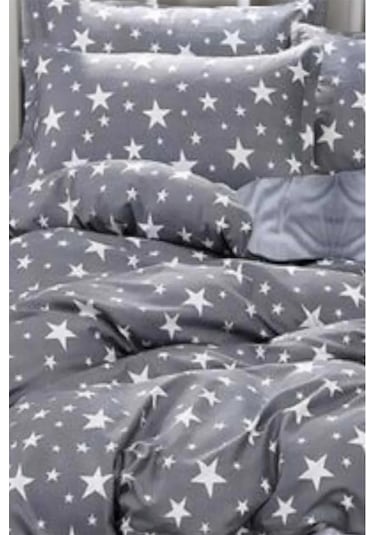 More Home Tek Kişilik Lastikli Çarşaf Nevresim Takımı Gri Beyaz Yıldızlı Beyaz Gri
