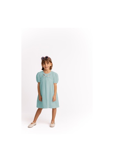 Müslin Kalp Nakışlı Kız Çocuk Elbise Çağla Yeşili Çağla Yeşili