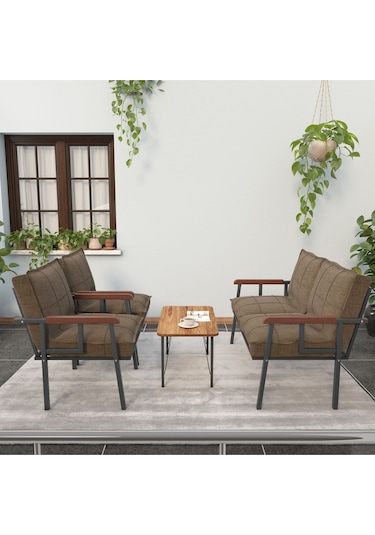 Mygusi Modern Balkon, Bahçe, Cafe - Metal Kanepe Koltuk Takımı - 2+1+1 Sehbalı Kahve