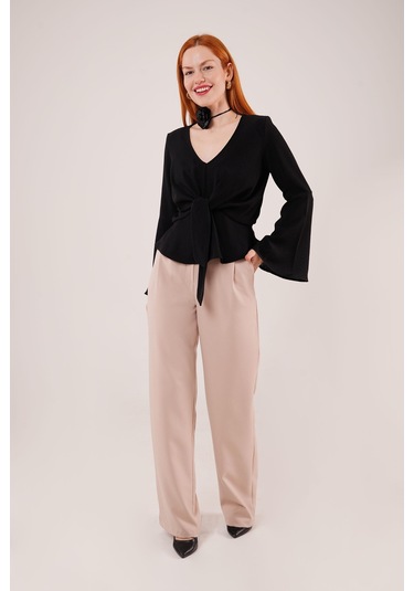 Ahes Shopping Ön Bağlamalı Volan Kol Siyah Bluz Siyah