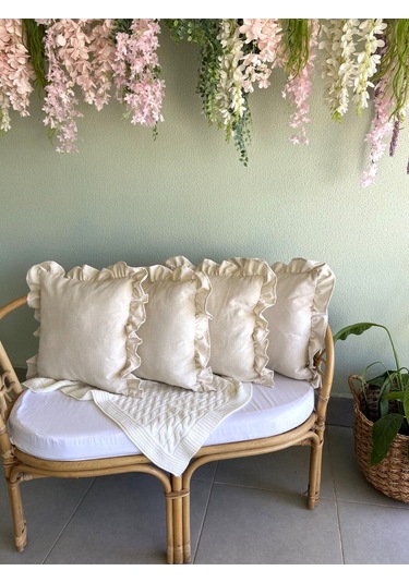 Keten, Bohem, Fırfırlı, Vintage, 4'lü Kare Kırlent Kılıfı Naturel