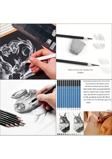 Kara Kalem Çizim Seti, Eskiz Kalem Seti, Dereceli Kalem Set, Tonlama-rulo Kalemlikli-32parça