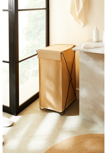 Ocean Home Textile Katlanabilir Bölmeli Siyah Metal Destekli Naturel Jüt Çamaşır Sepeti 44 x 29.5 x 63 cm