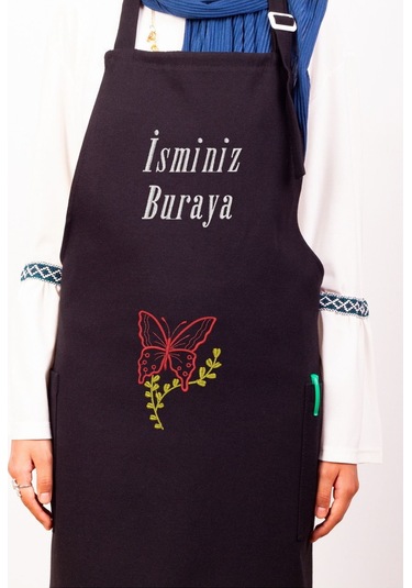 Mutfak Önlüğü Kişiye Ve İsme Özel Nakışlı Mutfak Önlüğü Kelebek01 Farklı Renkler Siyah