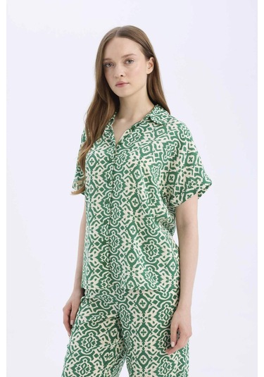 Defacto Regular Fit Desenli Kısa Kollu Gömlek C9621ax25spgn751 Yeşil