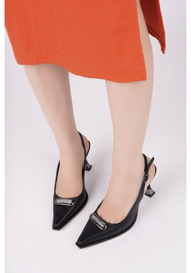 Muggo Heels Arkası Açık Toka Detaylı Günlük Klasik Topuklu Kadın Stiletto Ayakkabı Siyah