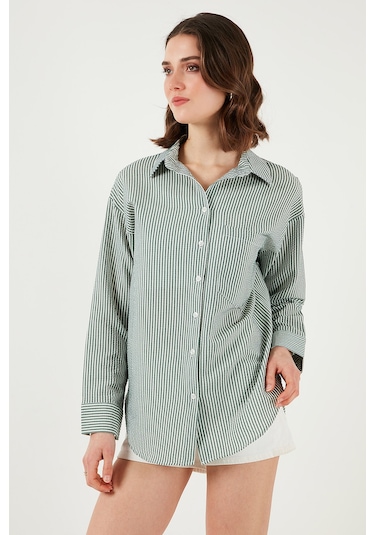 Lela Regular Fit Uzun Kollu Cepli Çizgili Bayan Gömlek 6772895 Yeşil
