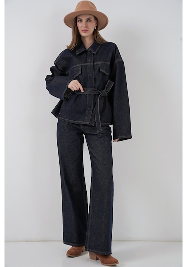 Kadın Ceket Pantolon Kot İkili Takım 30059 - Koyu Mavi Koyu Mavi