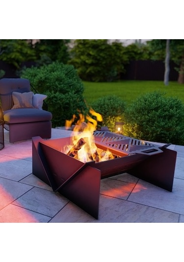 Kare Portatif Ateş Çukuru Çift Izgaralı Bahçeniz İçin Dekoratif Siyah