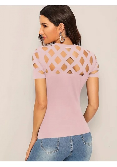 Modaserdem Kadın Kısa Kollu Baklava Desen Lazer Kesim Ithal Krep Bluz Pembe