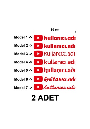 2 Adet Youtube Kullanıcı Adı Sticker - Youtube Sticker - Youtube Logo Sticker - 30cm - Kırmızı