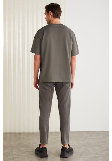 Grimelange Vıto Erkek %100 Organik Pamuklu Nakış Yazı Detaylı Oversize Bol Kesim Kısa Kollu Gri T-shirt