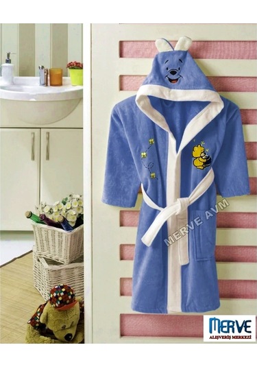 Kapşonlu Pamuk Erkek Çocuk Bornozu Mavi (4-5, 6-7, 8-9,10-11 Yaş) Mavi