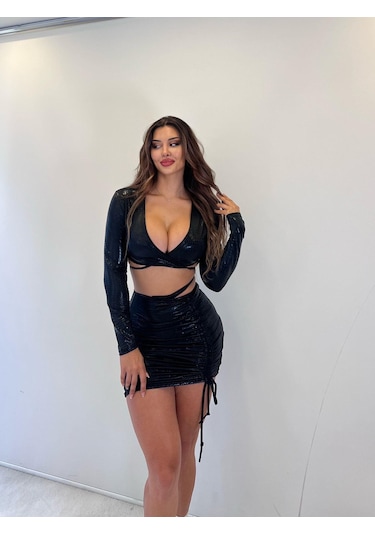 Siyah Parlak Lame Kumaş Etekli İkili Takım Siyah