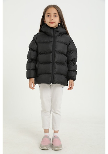 Kız Çocuk Siyah İçi Polarlı Kapüşonlu Su Geçirmez Rüzgara Dayanıklı Cepli Şişme Kışlık Mont Siyah