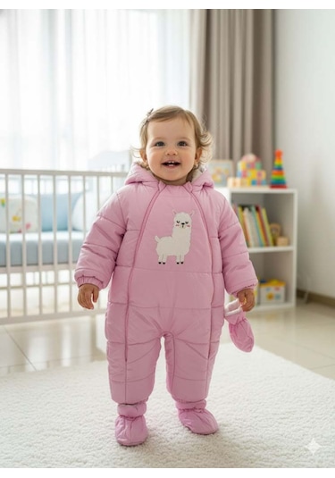 Bebek İçi Kürklü Çıkabilen Patik Ve Eldivenli Astronot Tulum Pembe