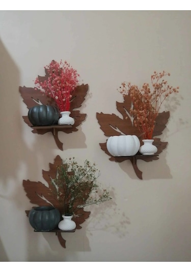 Alshop Ahşap Yaprak Duvar Süsü Dekoru Rafı Mumluk Aplik Tablo 3'lü