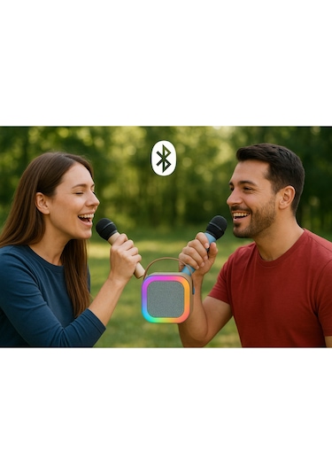 Çift Karaoke Mikrofonlu Kablosuz Bluetooth Rgb Led Işıklı 5 Ses Efektli Stereo Ses Usb/sd Hoparlör