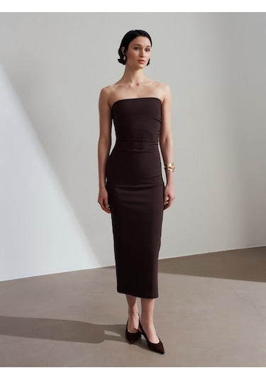 Dilvin 91368 Straplez Midi Elbise-koyu Kahve Koyu Kahve
