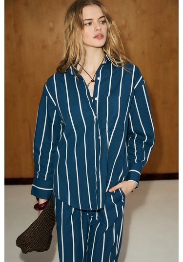 Grimelange Grımelange Mırel Kadın Oversize Fit %100 Organik Pamuklu Lacivert-çizgili Gömlek