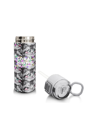 Coral High Kids Gri Kedi Desenli Pipetli Ve Direkt İçim Çelik Termos 500 Ml 31851 Gri