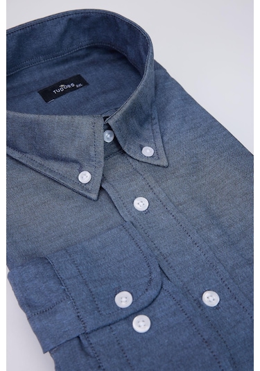 Tudors Büyük Beden Oxford Doku Yaka Düğmeli Cepli Nakışlı Mavi Erkek Gömlek-30424-mavi