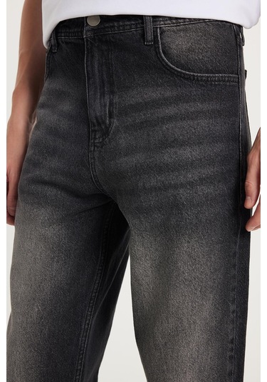 Erkek Relax Fit Geniş Kesim Boru Paça Denim Yıkamalı Taşlamalı Esnek Siyah Jean Kot Pantolon-34489 Siyah