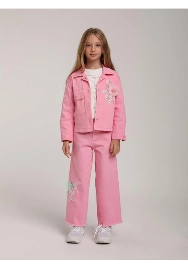 Kız Çocuk Cepli Tül Çiçekli Kot Ceket-15582 Pembe