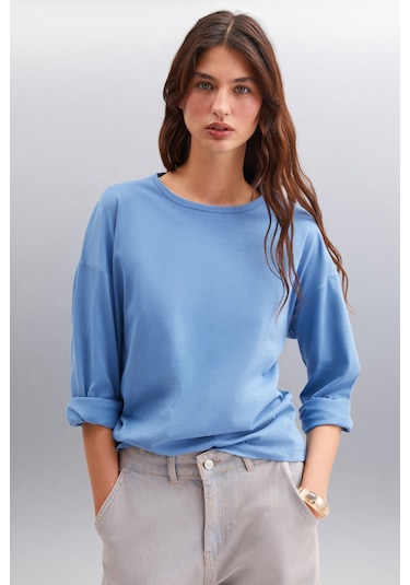 Basıl  Kadın Sırt Baskı Detaylı Oversize %100 Organik Pamuk Örme Uzun Kol Indigo T-shirt