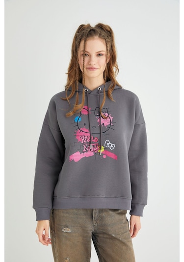 Hello Kitty Lisanslı Baskılı Kapüşonlu Sweatshirt Renkli